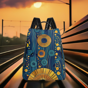 Anti-Theft Backpack, Travel Daypack in synthetic leather / Blue-Gold